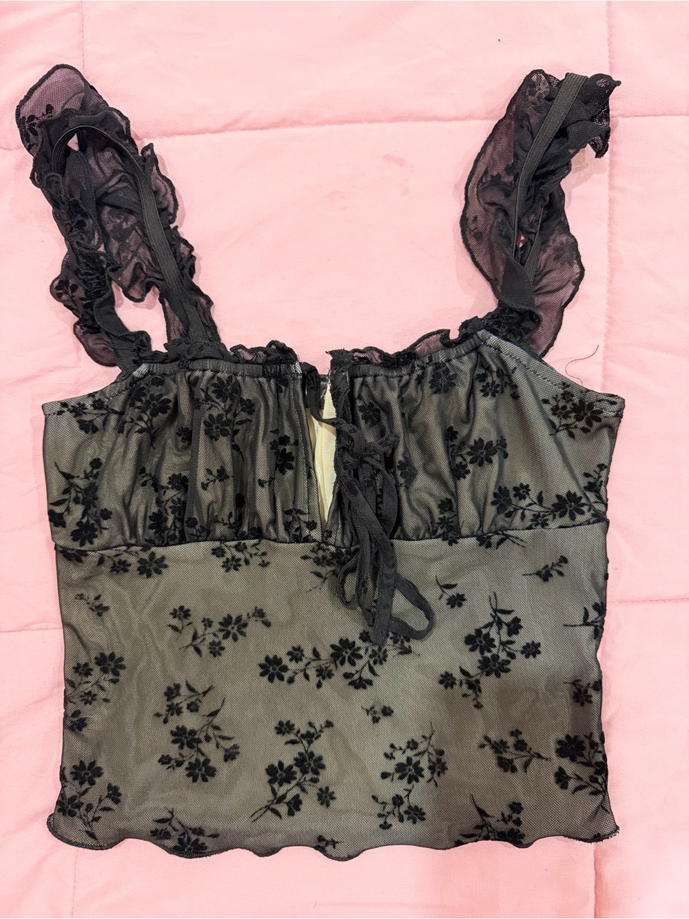 Sheer Black Floral Lace Cami with Ruffle Straps